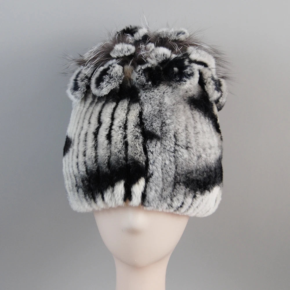 Fur Hats for Women Winter Real Rex Rabbit Hat Fox Fur Knit Female