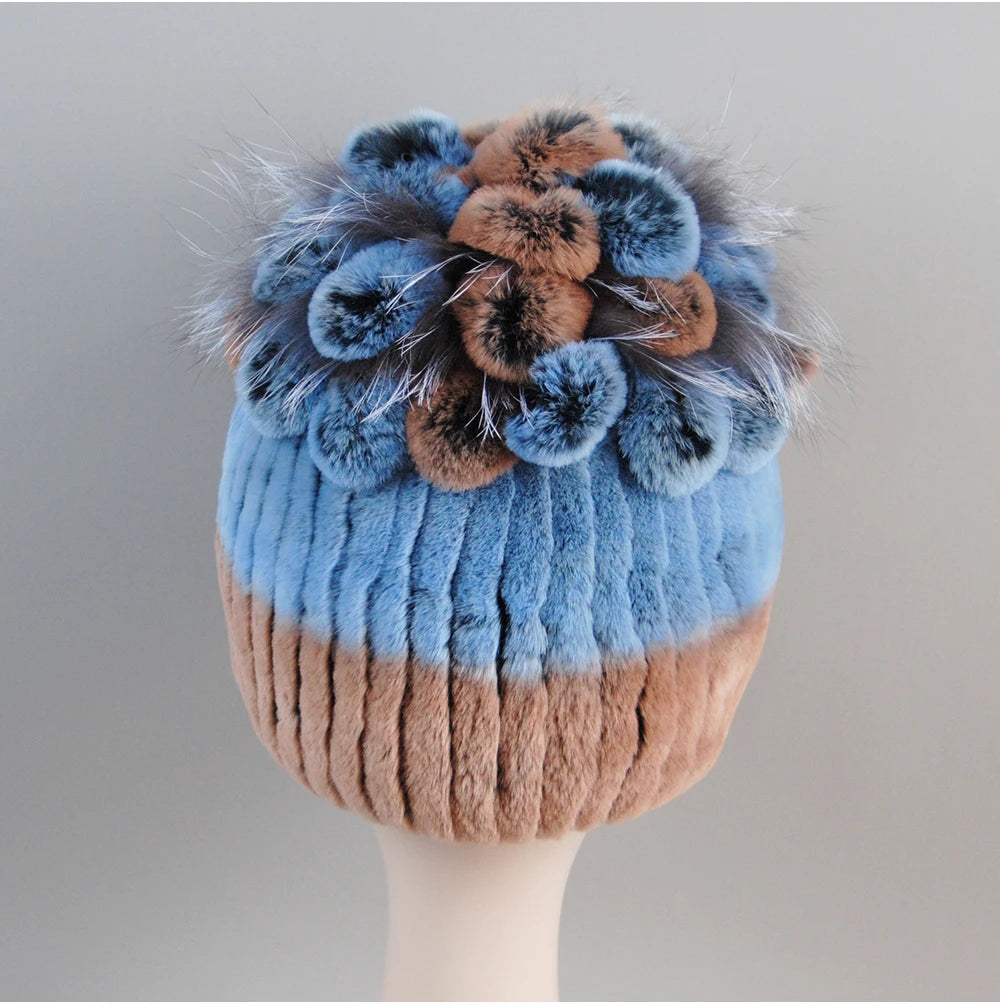 Fur Hats for Women Winter Real Rex Rabbit Hat Fox Fur Knit Female