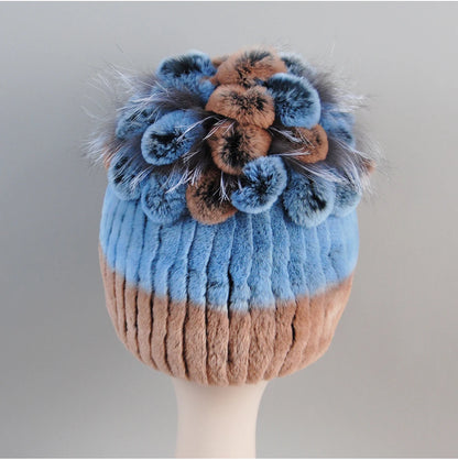 Fur Hats for Women Winter Real Rex Rabbit Hat Fox Fur Knit Female