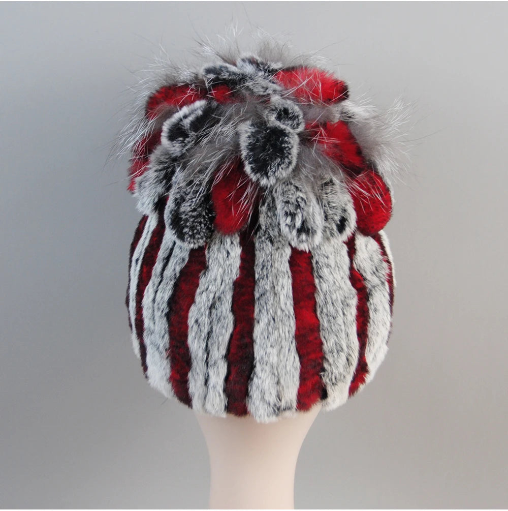 Fur Hats for Women Winter Real Rex Rabbit Hat Fox Fur Knit Female