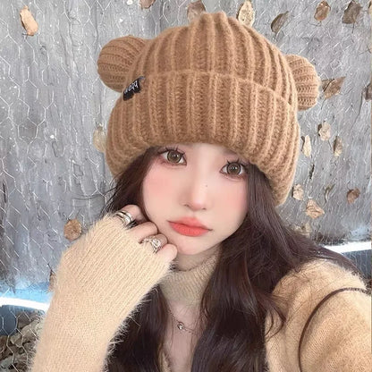 Cute Bear Ear Knitted Wool Hat Women Fashion Hooded Thick