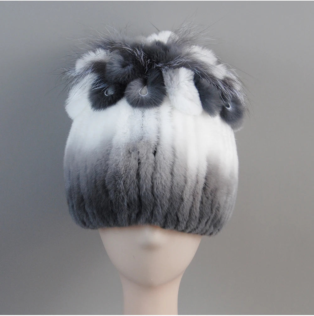 Fur Hats for Women Winter Real Rex Rabbit Hat Fox Fur Knit Female
