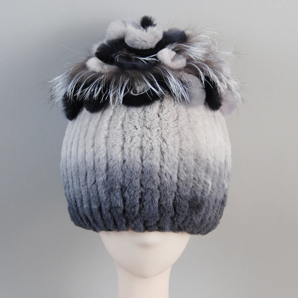Fur Hats for Women Winter Real Rex Rabbit Hat Fox Fur Knit Female