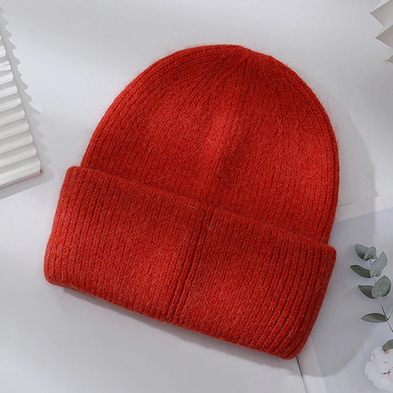 Winter Hats Woman Soft Knit Beanie Warm Rabbit Fur Hat Solid