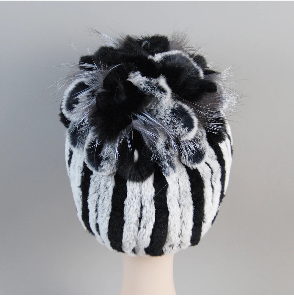 Fur Hats for Women Winter Real Rex Rabbit Hat Fox Fur Knit Female