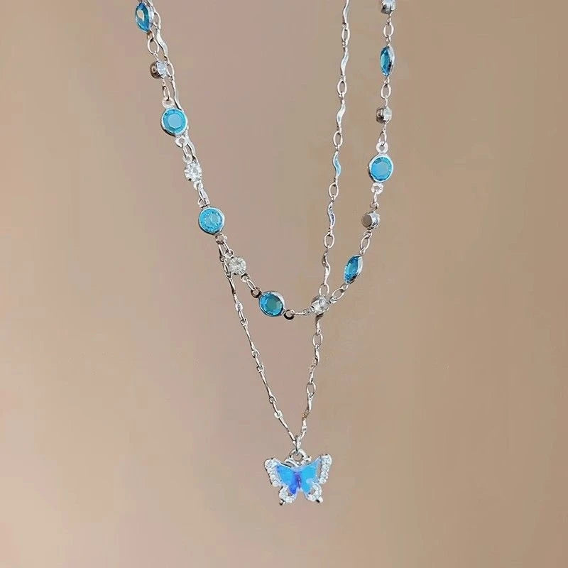 LATS Romantic Blue Crystal Butterfly Necklace for Women Girls Simple