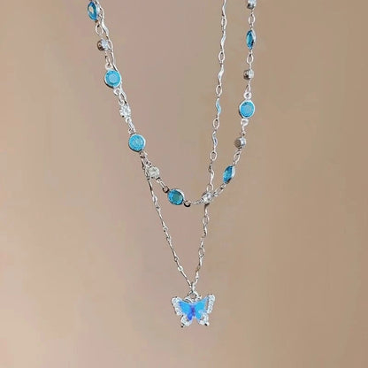 LATS Romantic Blue Crystal Butterfly Necklace for Women Girls Simple