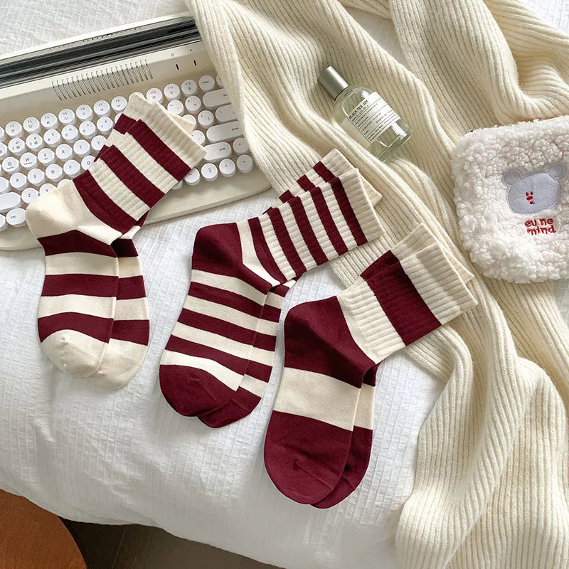 Women's Cherry Color Trendy Striped Autumn and Winter