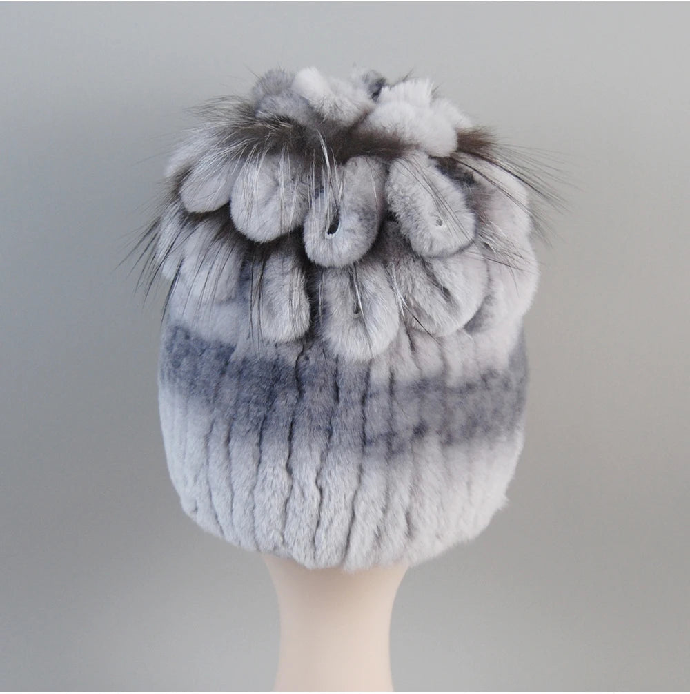 Fur Hats for Women Winter Real Rex Rabbit Hat Fox Fur Knit Female