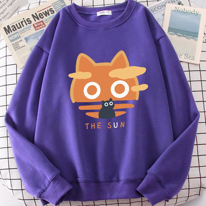 The Sun Orange Cat Fun Cute Print Cartoons Hoody Men Loose