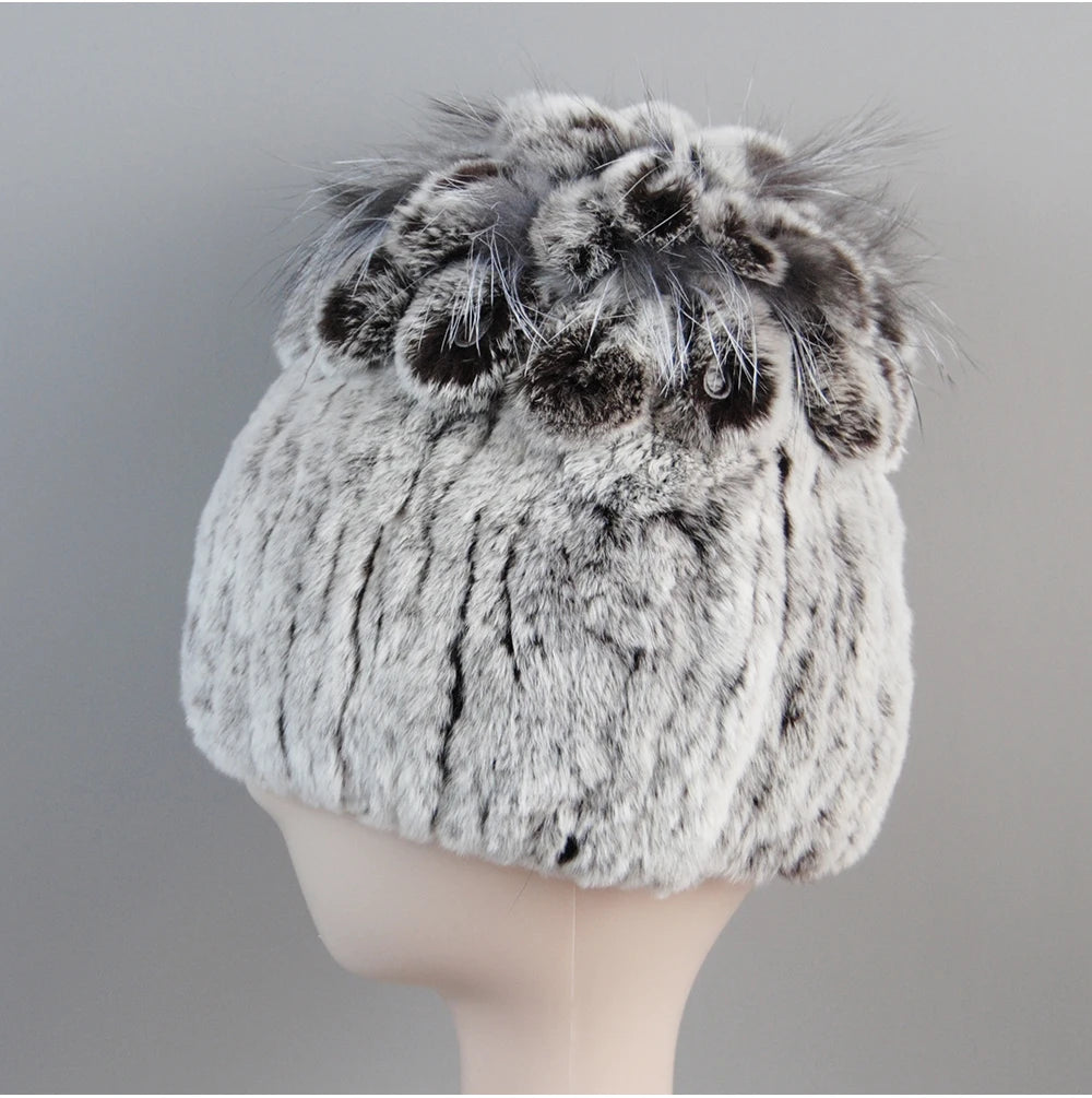 Fur Hats for Women Winter Real Rex Rabbit Hat Fox Fur Knit Female
