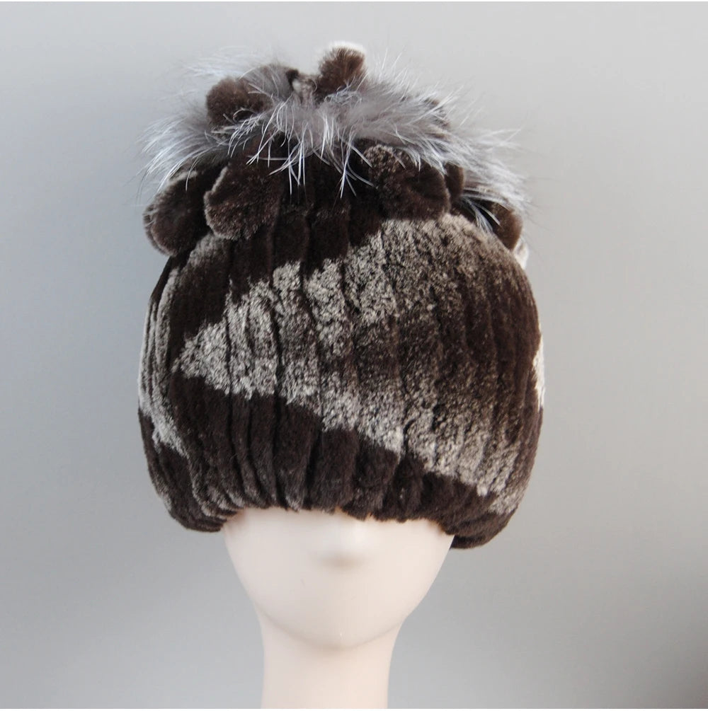 Fur Hats for Women Winter Real Rex Rabbit Hat Fox Fur Knit Female