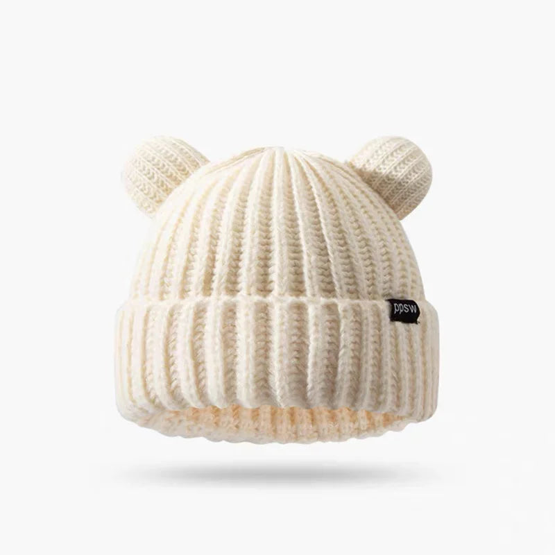 Cute Bear Ear Knitted Wool Hat Women Fashion Hooded Thick