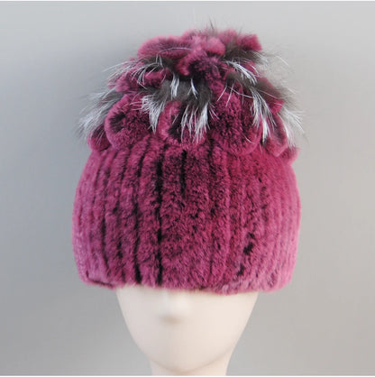 Fur Hats for Women Winter Real Rex Rabbit Hat Fox Fur Knit Female