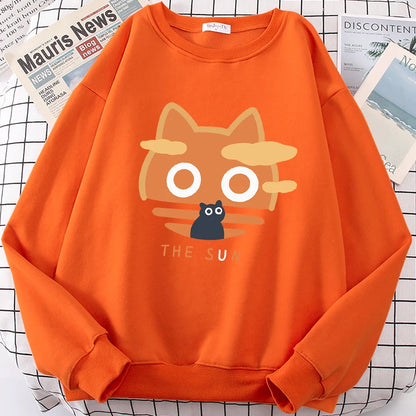 The Sun Orange Cat Fun Cute Print Cartoons Hoody Men Loose