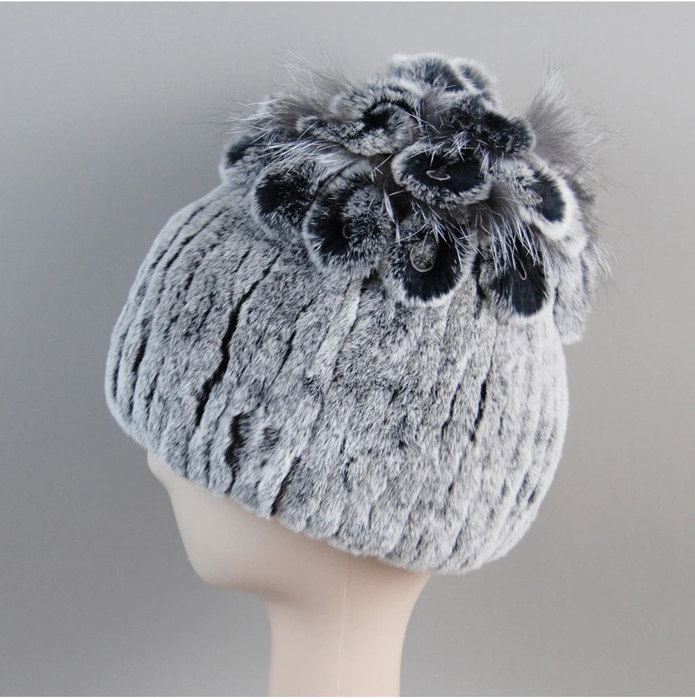 Fur Hats for Women Winter Real Rex Rabbit Hat Fox Fur Knit Female