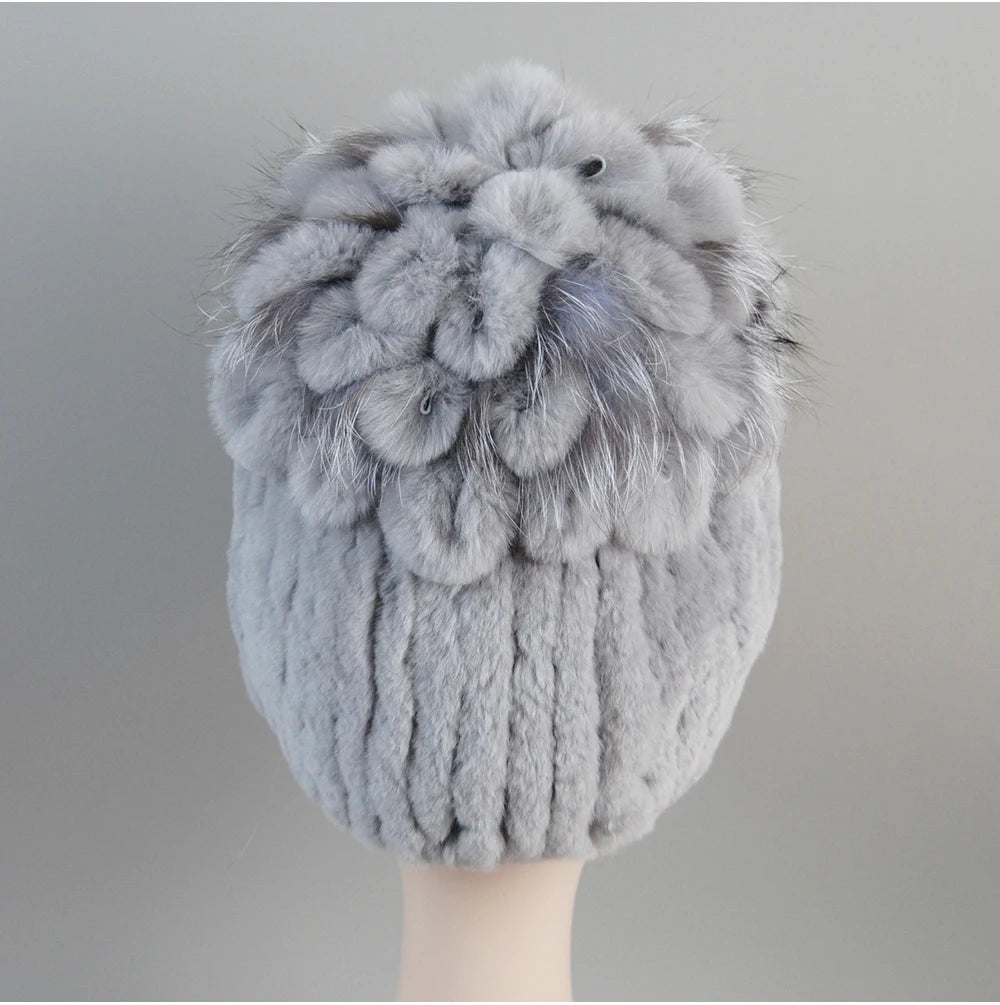 Fur Hats for Women Winter Real Rex Rabbit Hat Fox Fur Knit Female