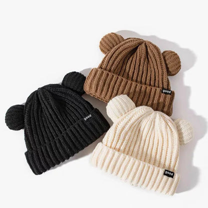 Cute Bear Ear Knitted Wool Hat Women Fashion Hooded Thick