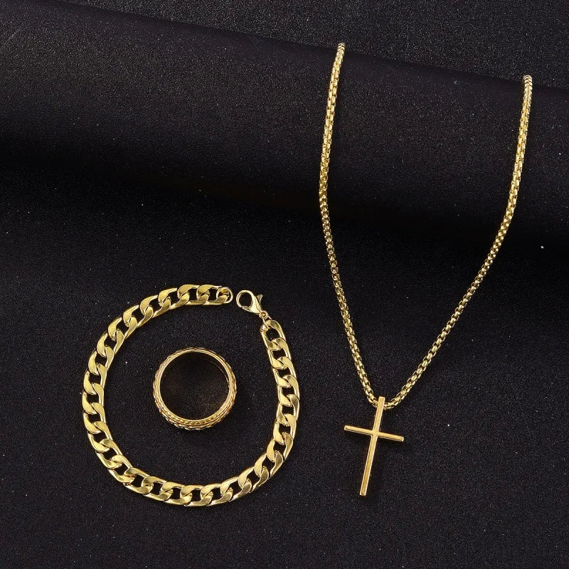 Punk Black Cross Pendant Necklace Thick Chain Bracelet Ring Fashion