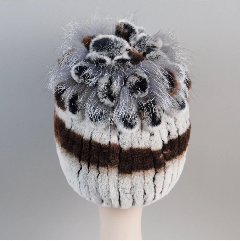 Fur Hats for Women Winter Real Rex Rabbit Hat Fox Fur Knit Female