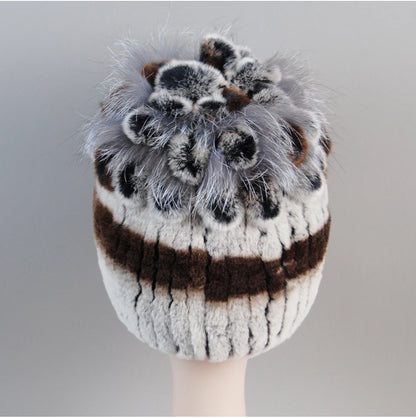 Fur Hats for Women Winter Real Rex Rabbit Hat Fox Fur Knit Female