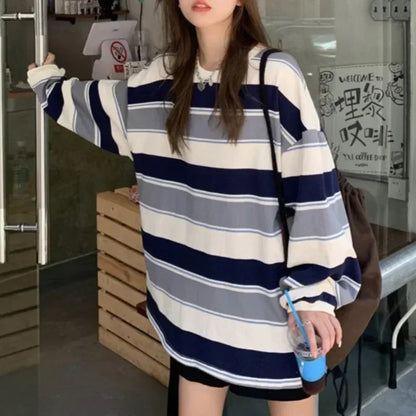 Women's Autumn T-shirt Striped Top Sweatshirt 2024 Korean