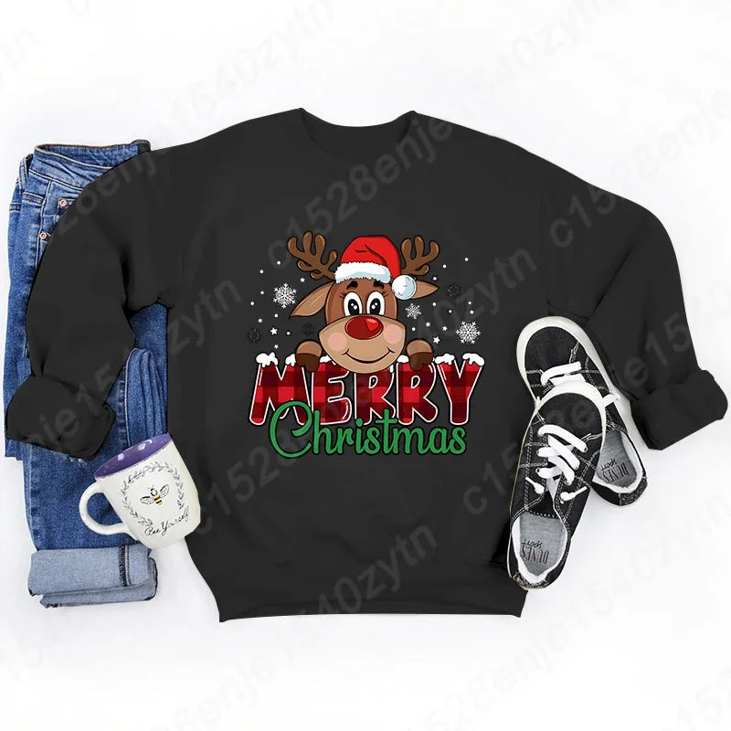 Women's Festive Christmas Reindeer & Plaid Graphic Sweatshirt