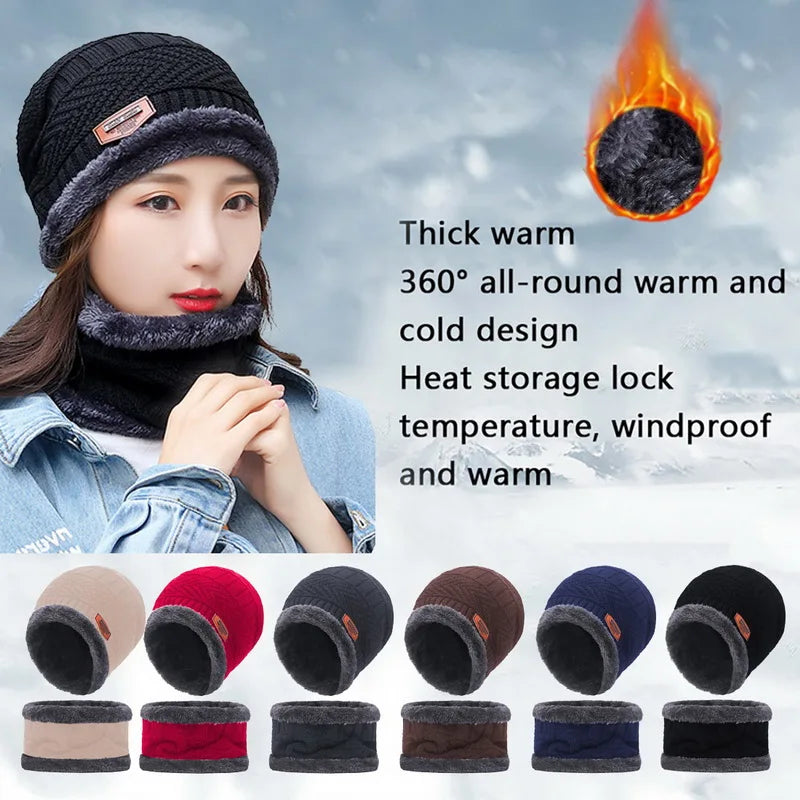 Winter Hat For Men Fleece Scarf Women Neck Leather Knitted