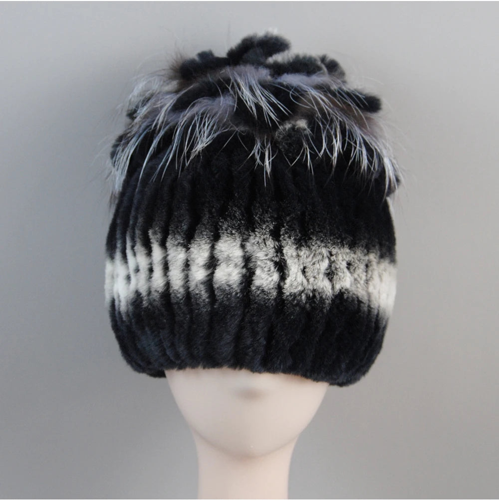 Fur Hats for Women Winter Real Rex Rabbit Hat Fox Fur Knit Female