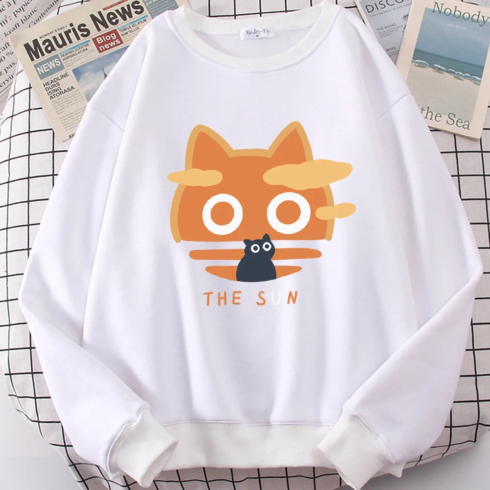 The Sun Orange Cat Fun Cute Print Cartoons Hoody Men Loose