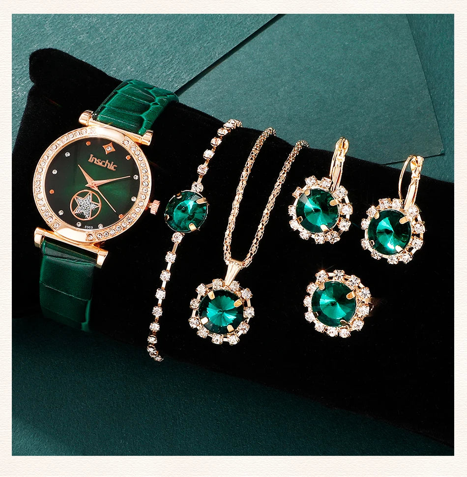 Green Luxury Quartz Watch Women Ring Necklace Earring Rhinestone