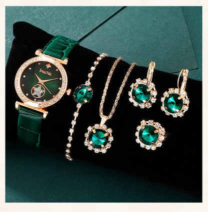 Green Luxury Quartz Watch Women Ring Necklace Earring Rhinestone