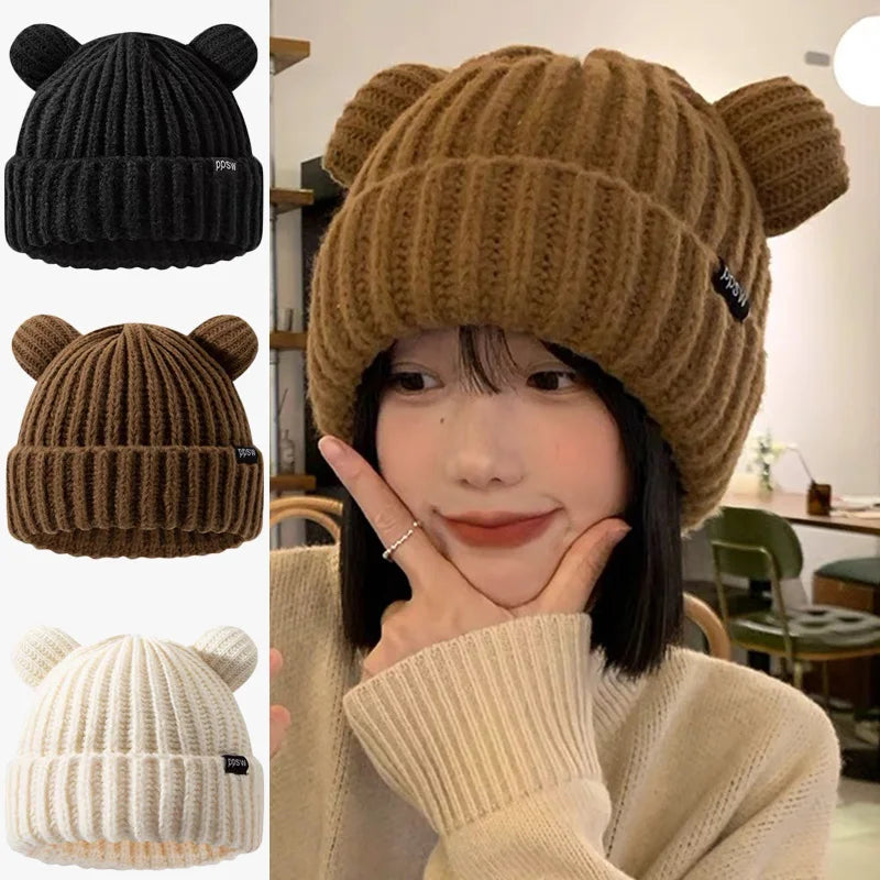 Cute Bear Ear Knitted Wool Hat Women Fashion Hooded Thick