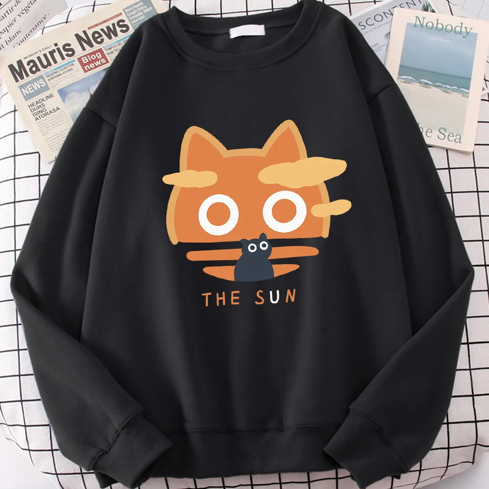 The Sun Orange Cat Fun Cute Print Cartoons Hoody Men Loose