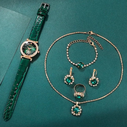 Green Luxury Quartz Watch Women Ring Necklace Earring Rhinestone