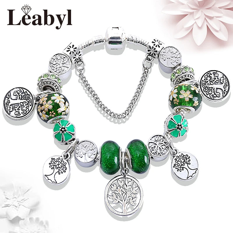 Antique  Silver Tree of Life Charm Bracelets Green Crystal Flower