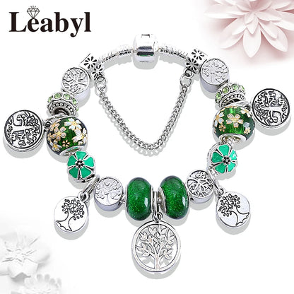 Antique  Silver Tree of Life Charm Bracelets Green Crystal Flower