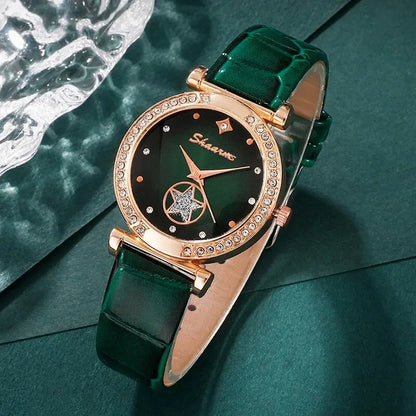Green Luxury Quartz Watch Women Ring Necklace Earring Rhinestone