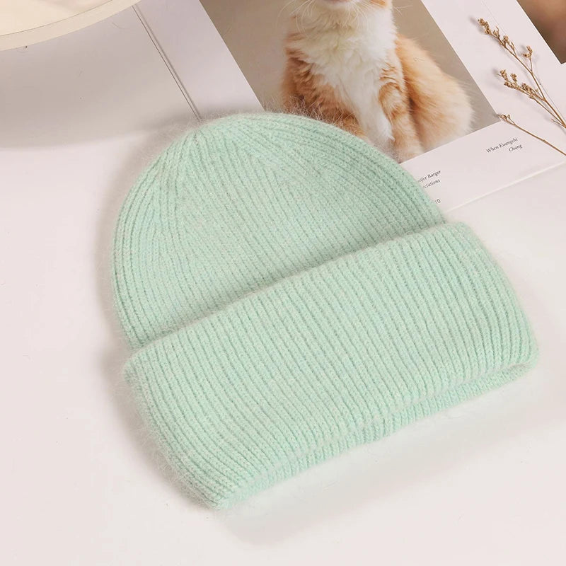 Winter Hats Woman Soft Knit Beanie Warm Rabbit Fur Hat Solid