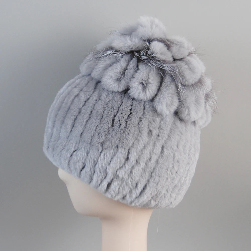 Fur Hats for Women Winter Real Rex Rabbit Hat Fox Fur Knit Female