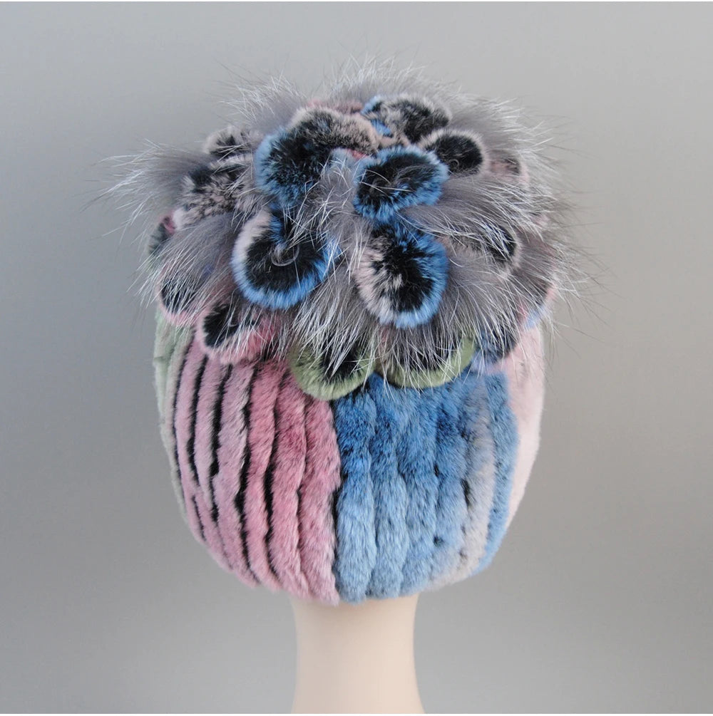 Fur Hats for Women Winter Real Rex Rabbit Hat Fox Fur Knit Female