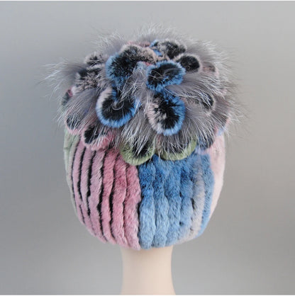 Fur Hats for Women Winter Real Rex Rabbit Hat Fox Fur Knit Female