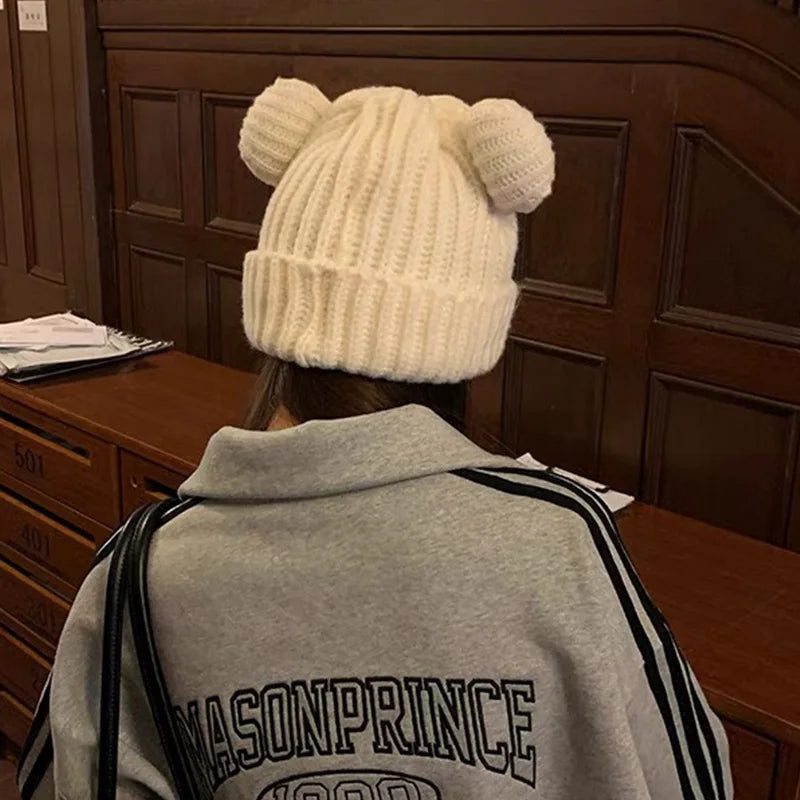 Cute Bear Ear Knitted Wool Hat Women Fashion Hooded Thick