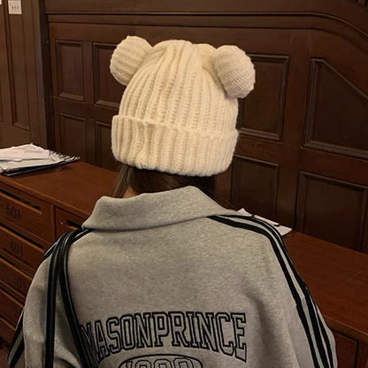 Cute Bear Ear Knitted Wool Hat Women Fashion Hooded Thick