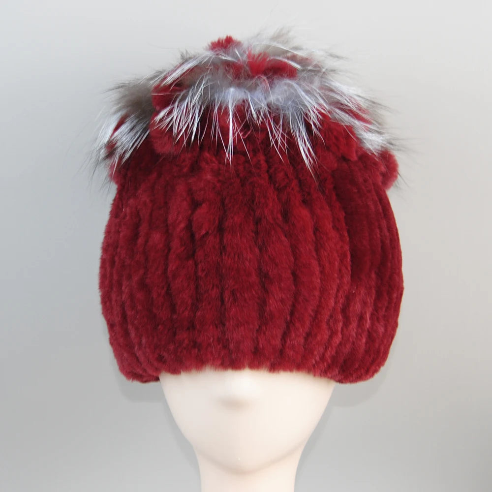 Fur Hats for Women Winter Real Rex Rabbit Hat Fox Fur Knit Female