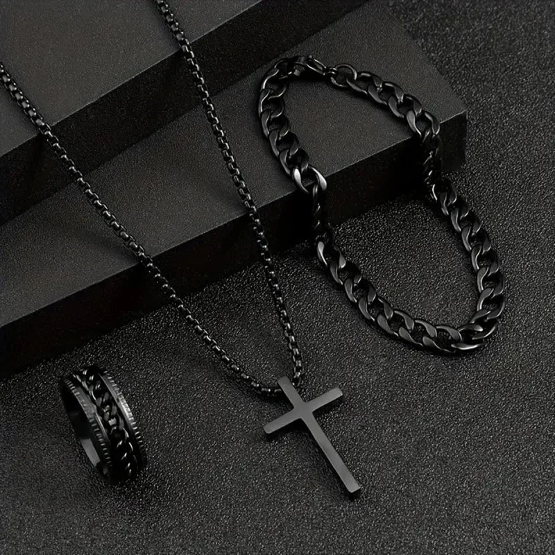 Punk Black Cross Pendant Necklace Thick Chain Bracelet Ring Fashion