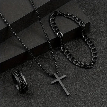 Punk Black Cross Pendant Necklace Thick Chain Bracelet Ring Fashion