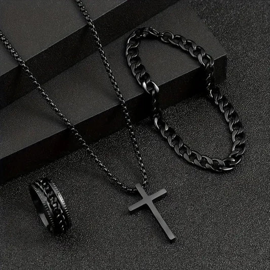 Punk Black Cross Pendant Necklace Thick Chain Bracelet Ring Fashion