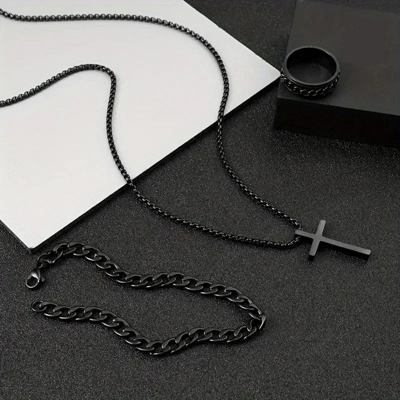 Punk Black Cross Pendant Necklace Thick Chain Bracelet Ring Fashion