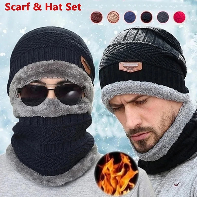 Winter Hat For Men Fleece Scarf Women Neck Leather Knitted
